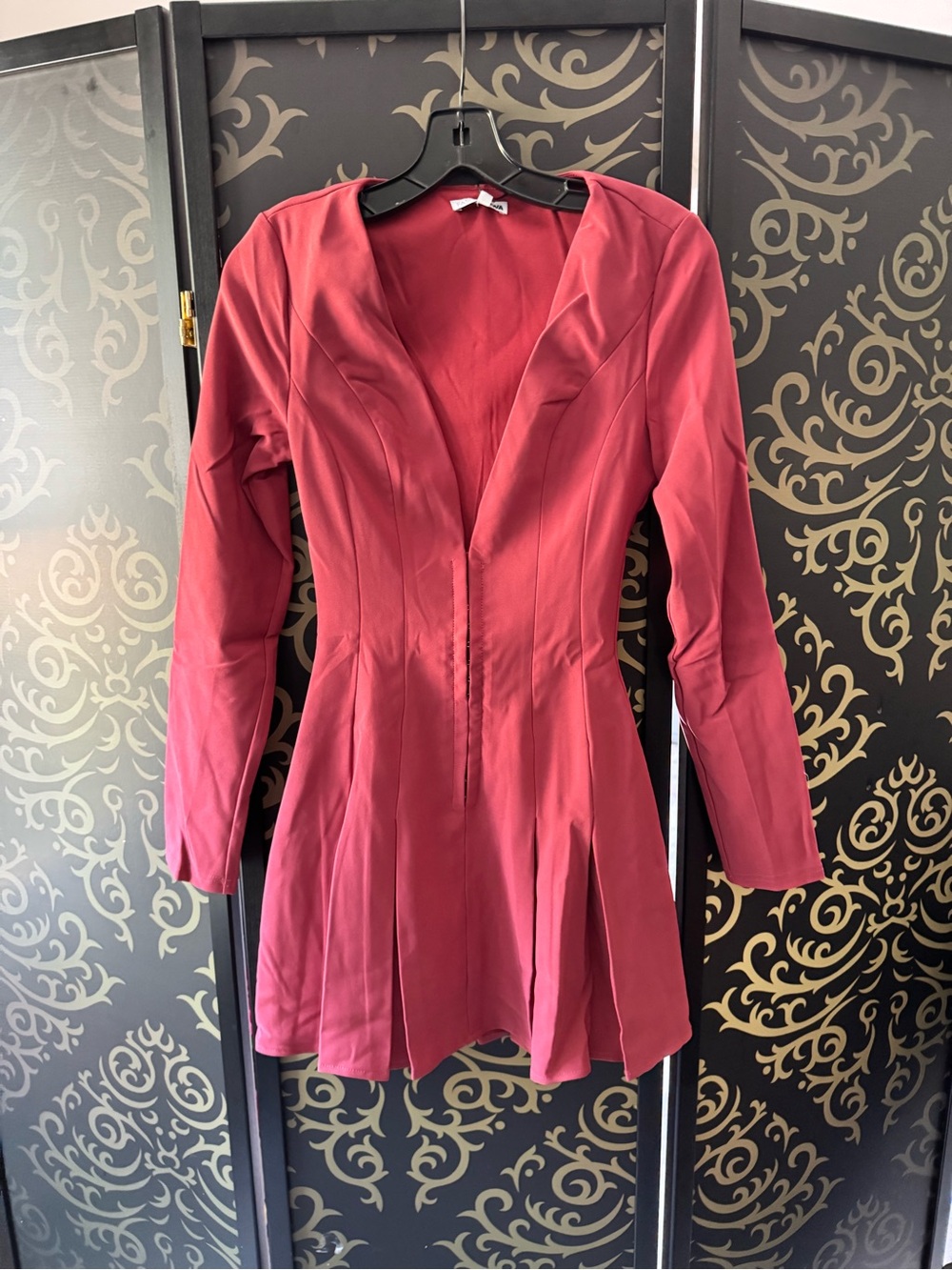 Fashion Nova Burgundy Plunge Long-Sleeve Mini Dress